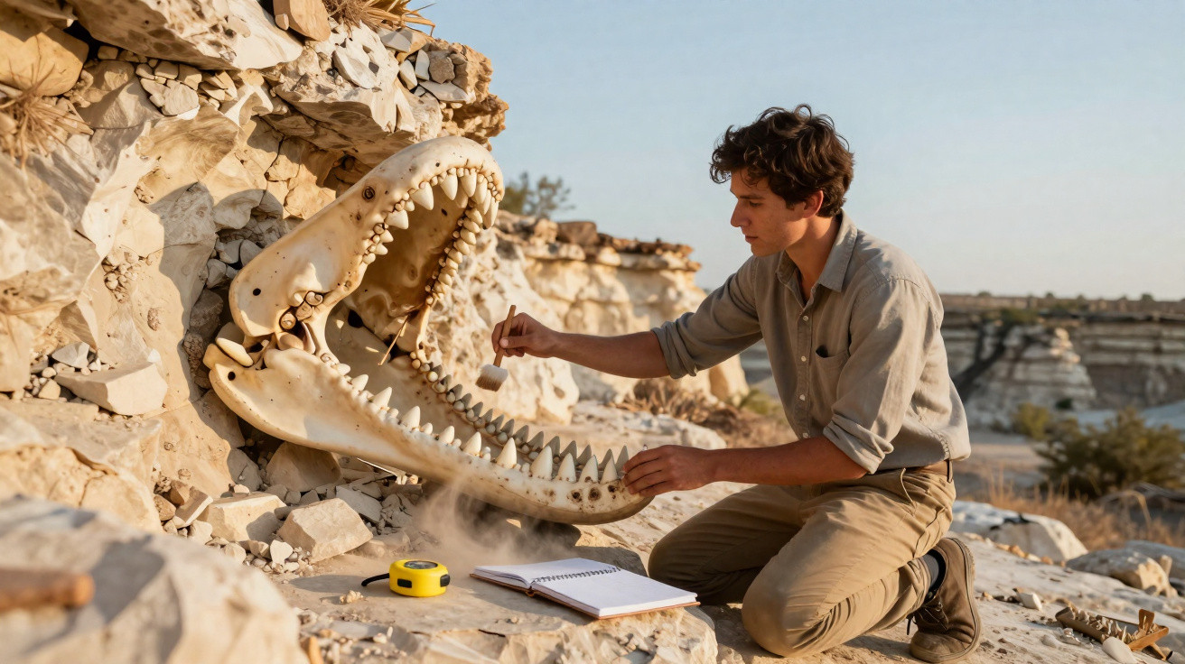 Man examining and brushing a large fossilised crocodile skull in a rocky desert setting with notebook and tape measure nearby