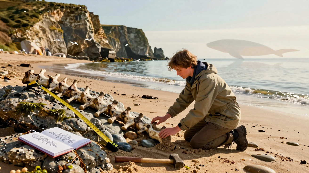 Person examining a large fossilised spine on a sandy beach with measuring tools and a sketchbook nearby