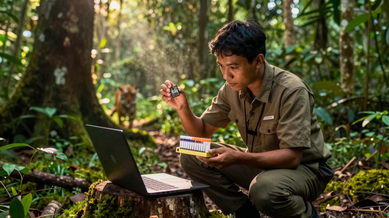 Scientist examining DNA samples next to a laptop in a dense forest with a tiger in the background.