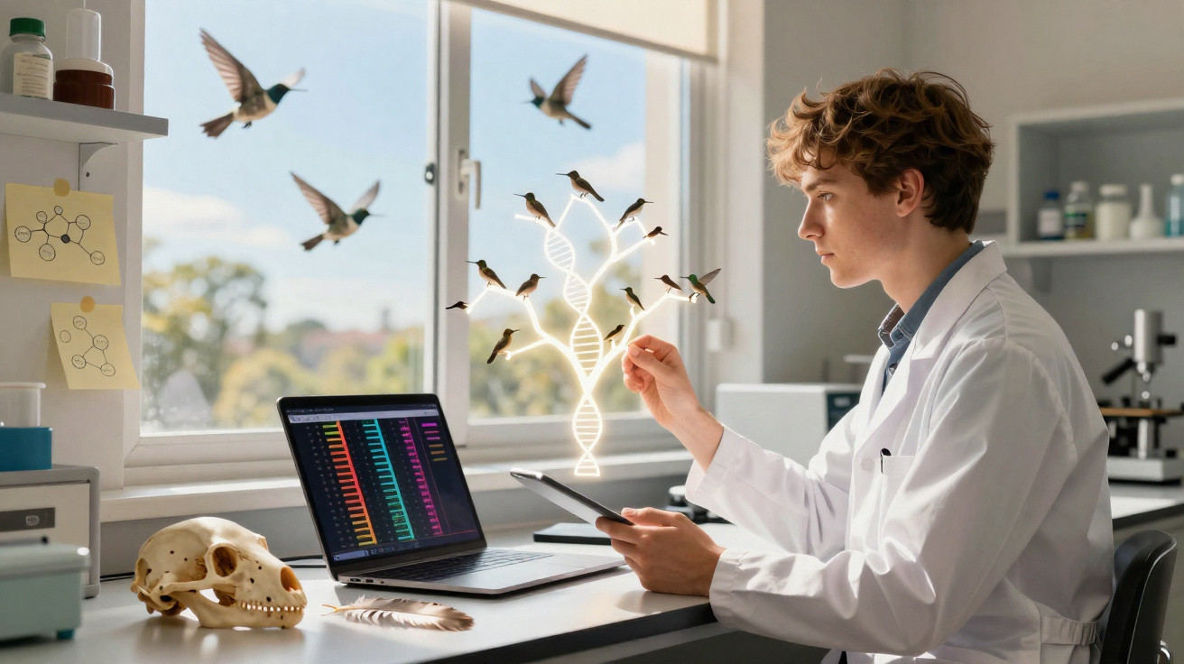 Young scientist in lab coat analysing DNA data on laptop with animated DNA strand and birds in bright lab room