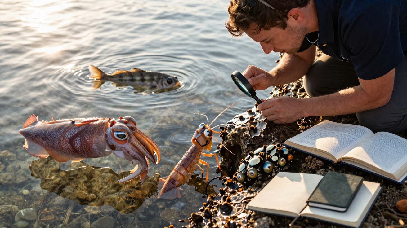 Man examining animated sea creatures with a magnifying glass by rocky shore with open books nearby