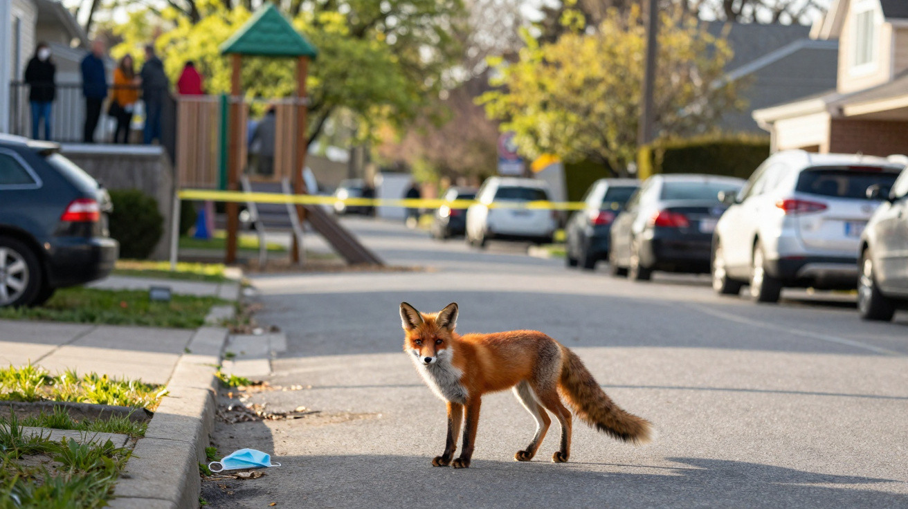 Red fox standing in the middle of a suburban street with parked cars and houses in the background.
