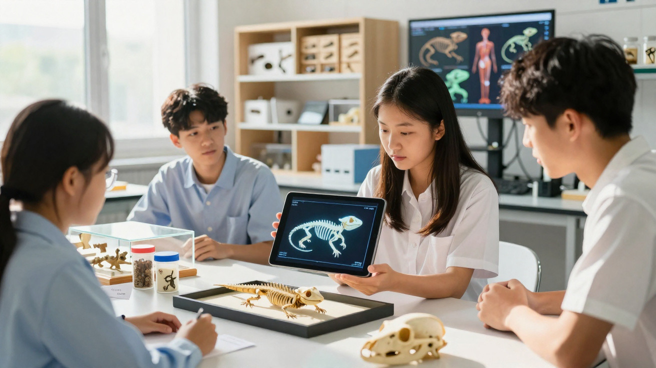 Students examining a reptile skeleton and digital tablet with fossil images in a science classroom.