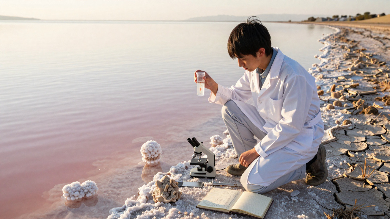 Scientist in white coat examining pink lake water sample near microscope and open notebook on salt-encrusted shore.