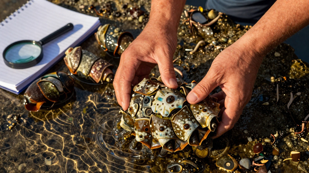 Hands holding a cluster of underwater seashells and jewellery with a magnifying glass and notebook nearby.