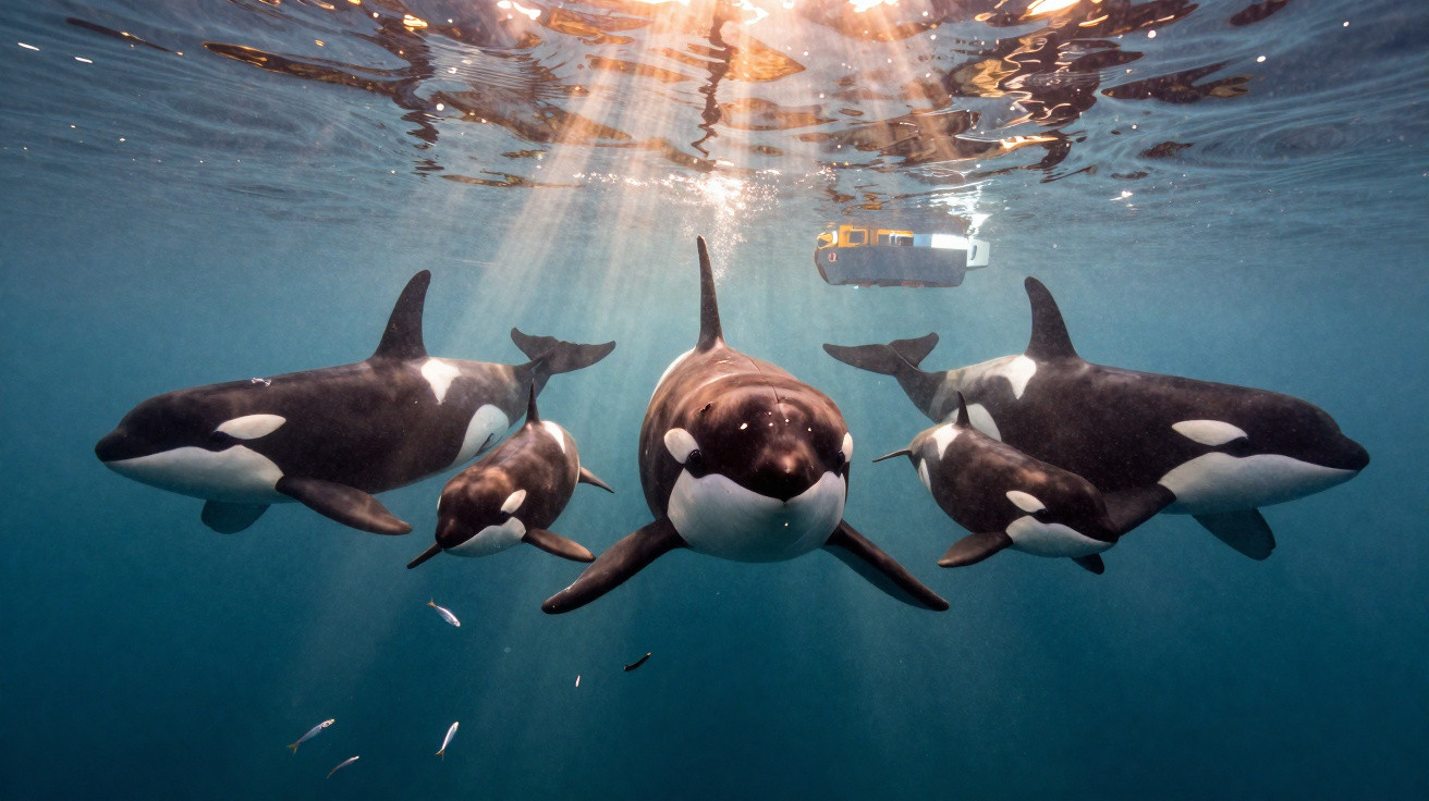 Five orcas swimming underwater with sunlight filtering through the water surface above.