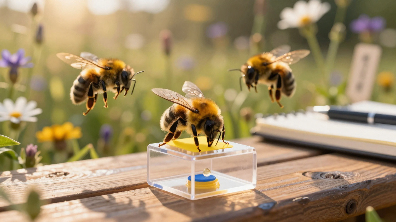 Three bees interacting with a small transparent box on a wooden surface with blurred flowers in the background.
