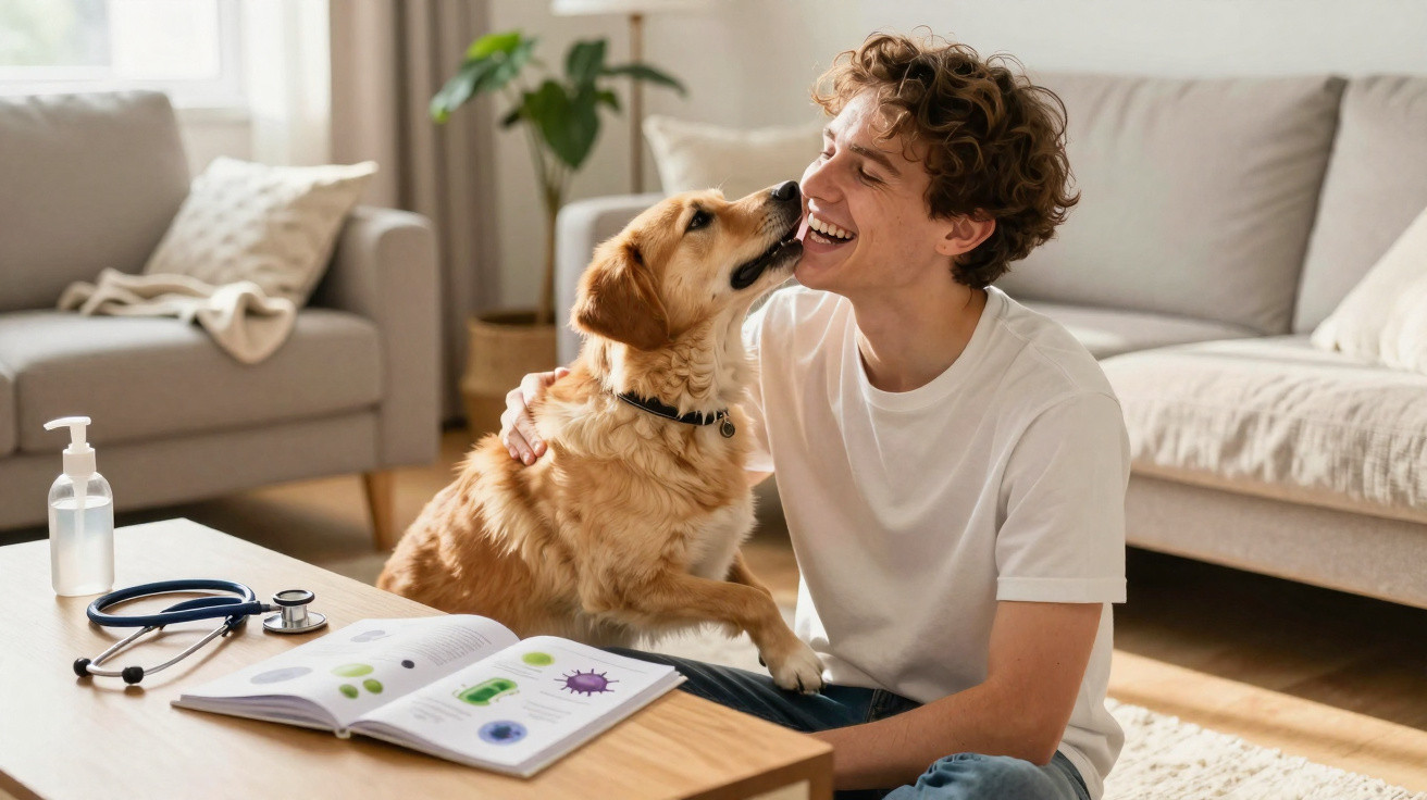Young man sitting on the floor with a golden retriever licking his face beside a table with a stethoscope and book.