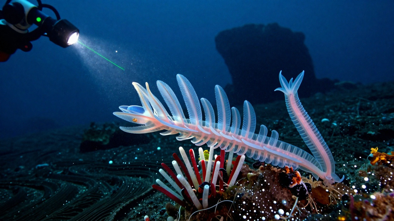 Diver’s torch illuminating a translucent sea creature with feathery appendages on the ocean floor.