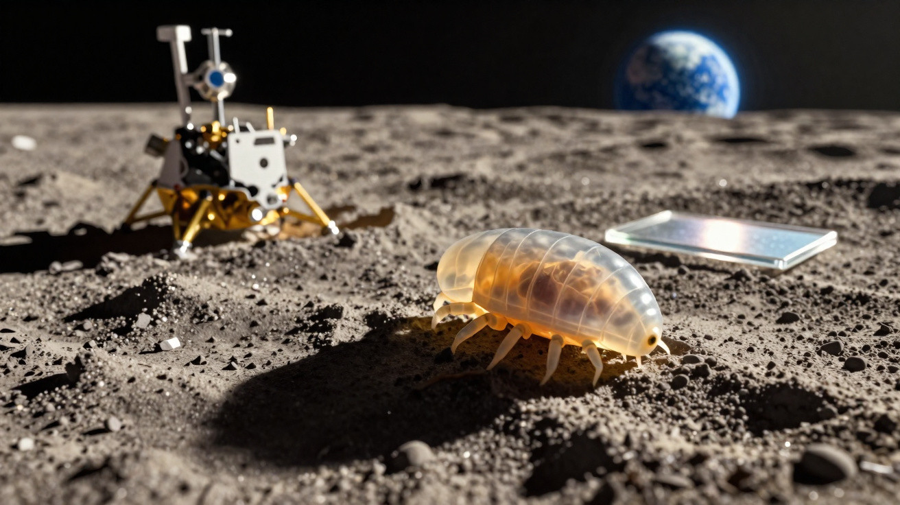 A translucent robotic isopod on the moon’s surface with a lunar lander, device, and Earth in the background.