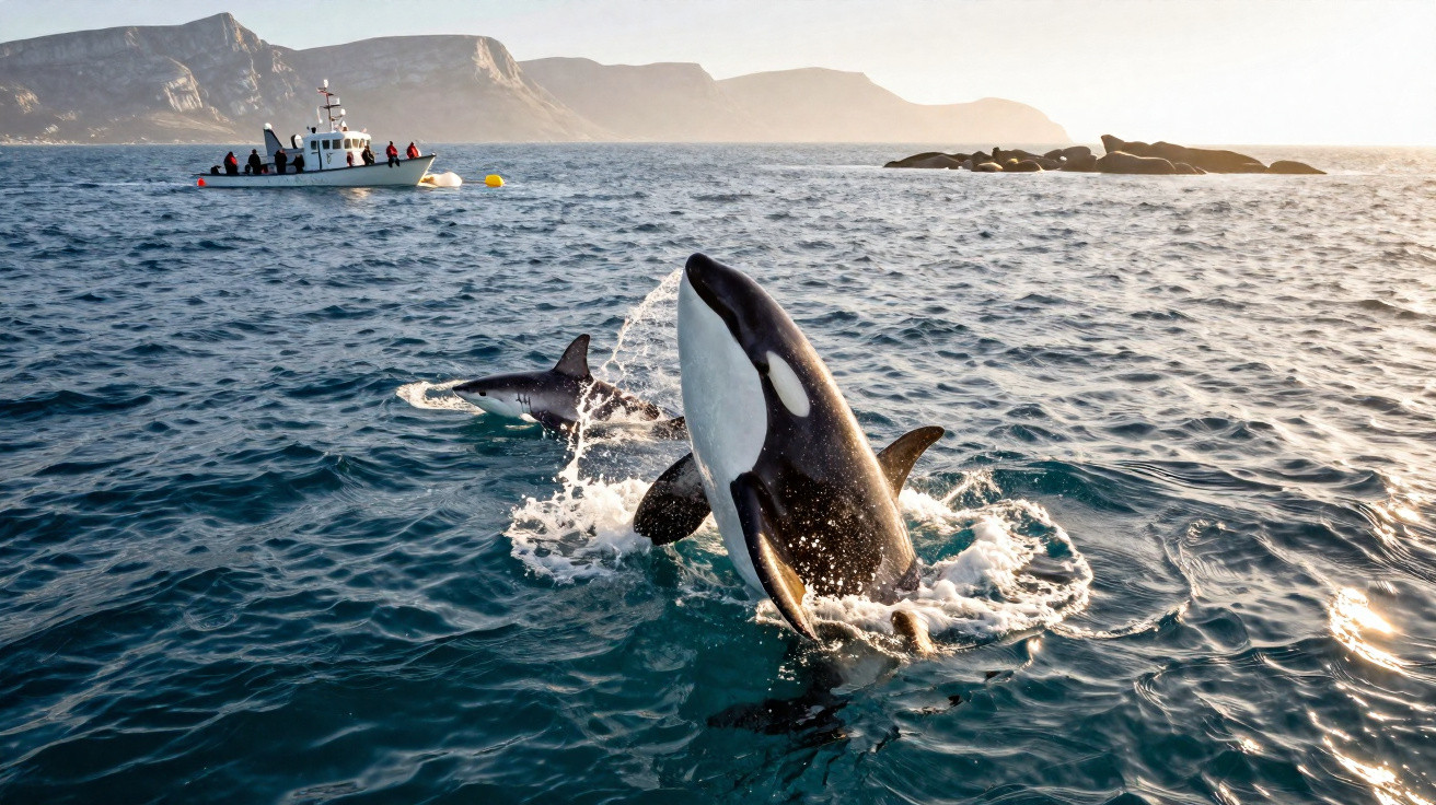 Orca breaching near a boat with people in a calm sea and mountains in the background at sunset.