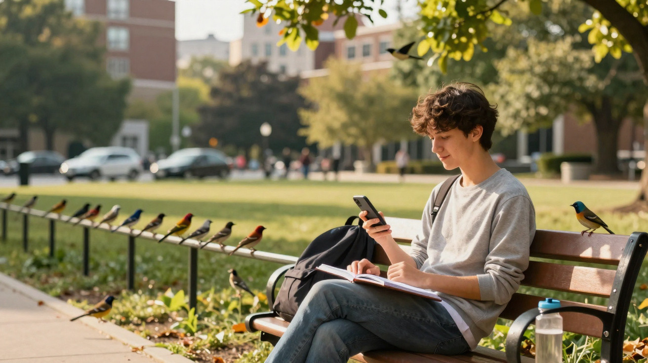 Teenage boy sitting on a park bench using a smartphone with a row of colourful birds perched on a rail nearby.