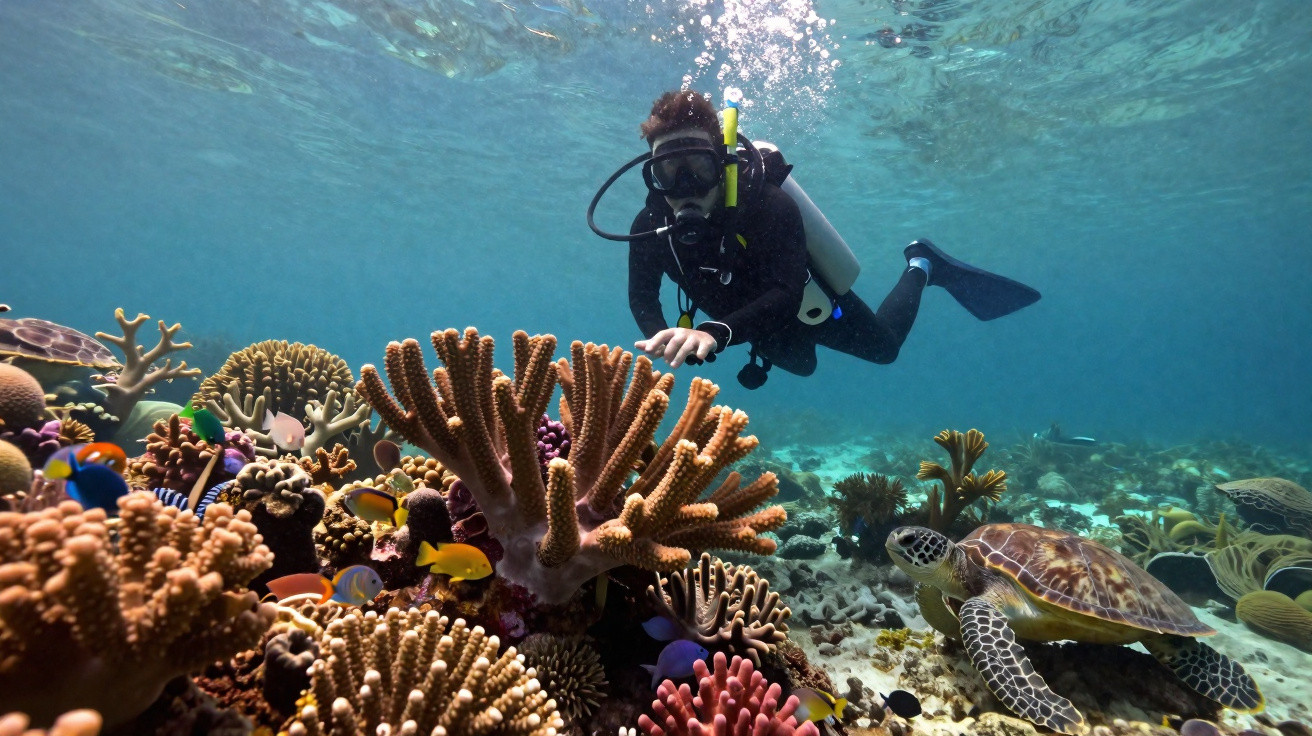 Diver exploring a vibrant coral reef with tropical fish and a sea turtle swimming nearby underwater.