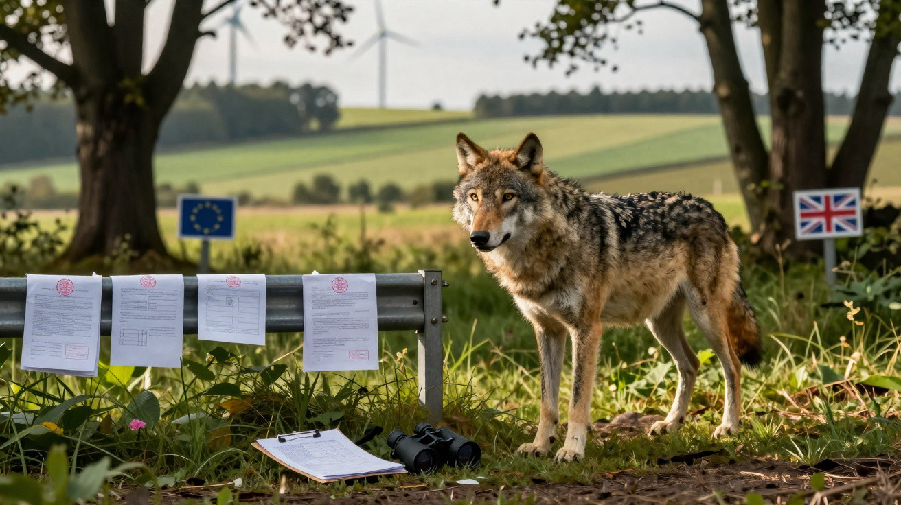 Wolf standing near a roadside barrier with documents, binoculars, and EU and UK flags in a rural setting with wind turbines.