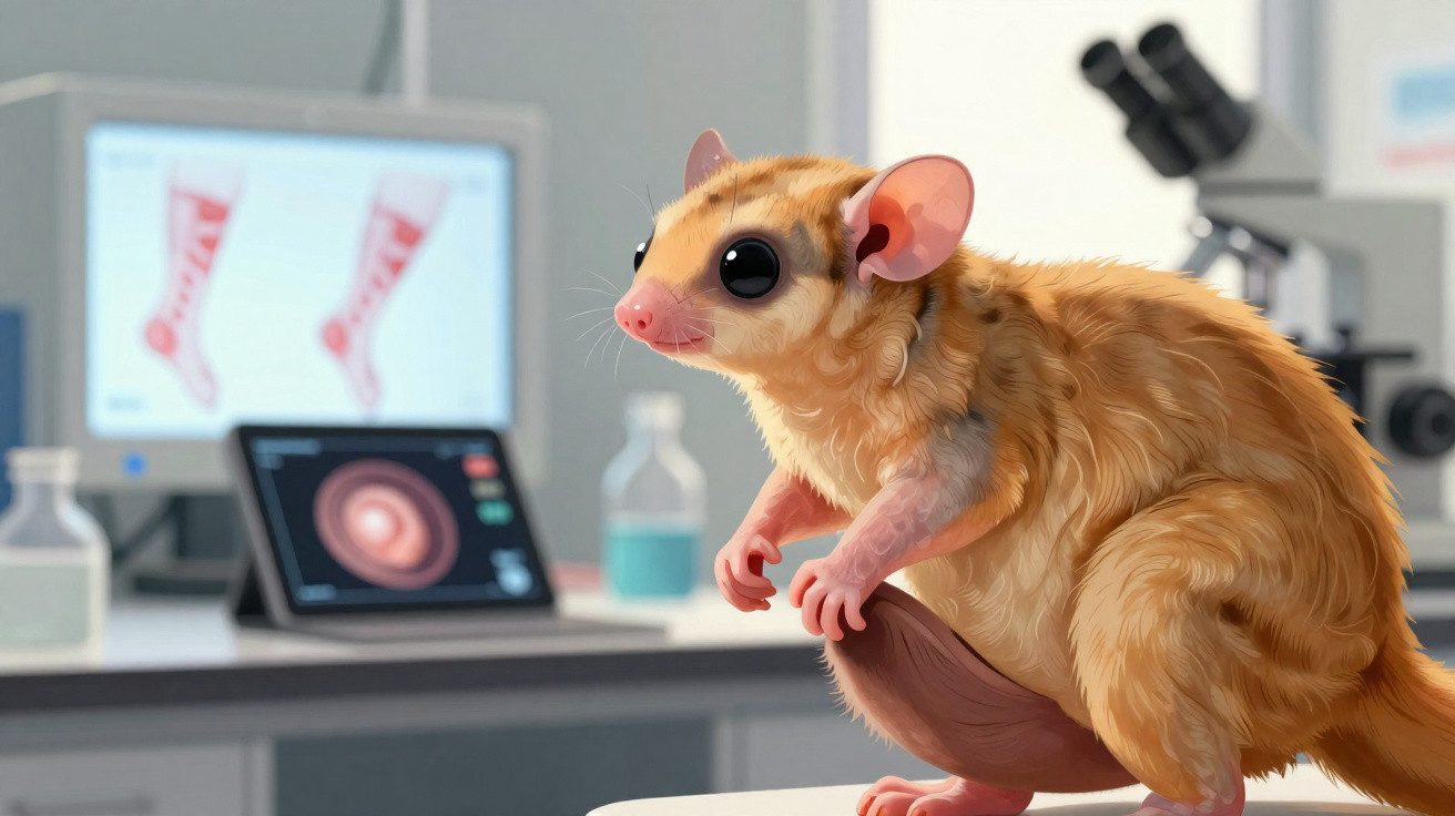 Close-up of a quokka in a laboratory setting with scientific equipment and monitors in the background.