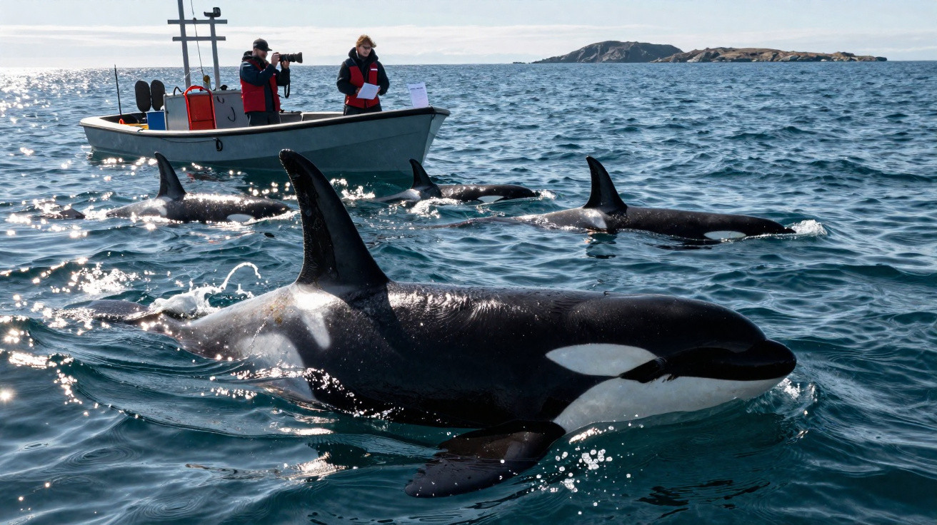 A pod of orcas swimming near a small boat with two people observing and taking notes on the ocean.
