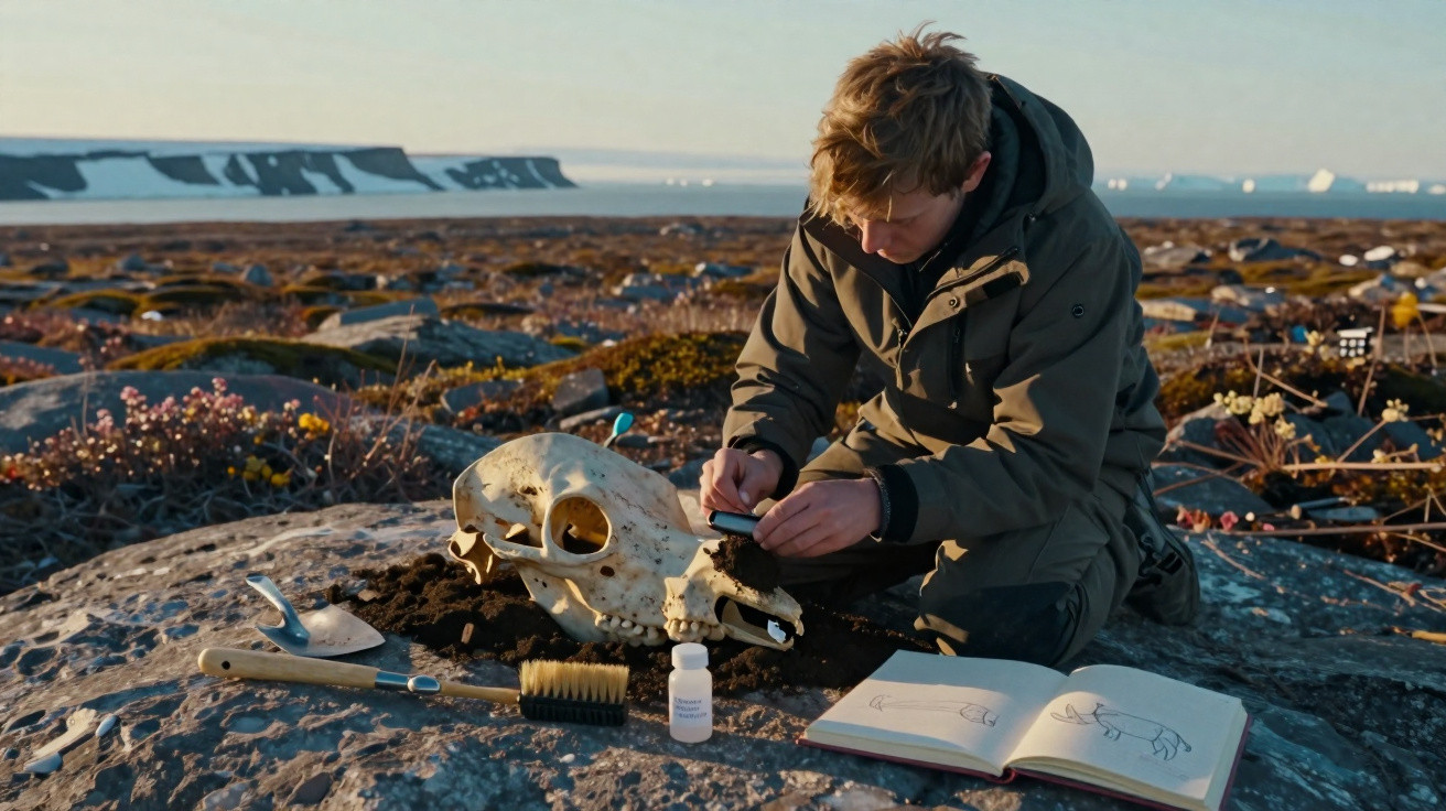 Person examining a large animal skull on rocky terrain with tools and an open sketchbook nearby.
