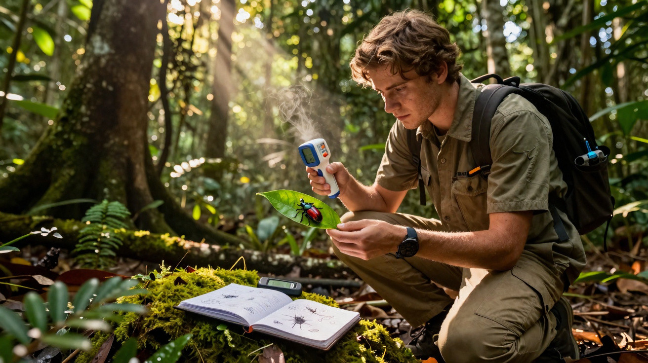 Scientist in a forest examining a beetle on a leaf with a handheld device and reference book open on moss.