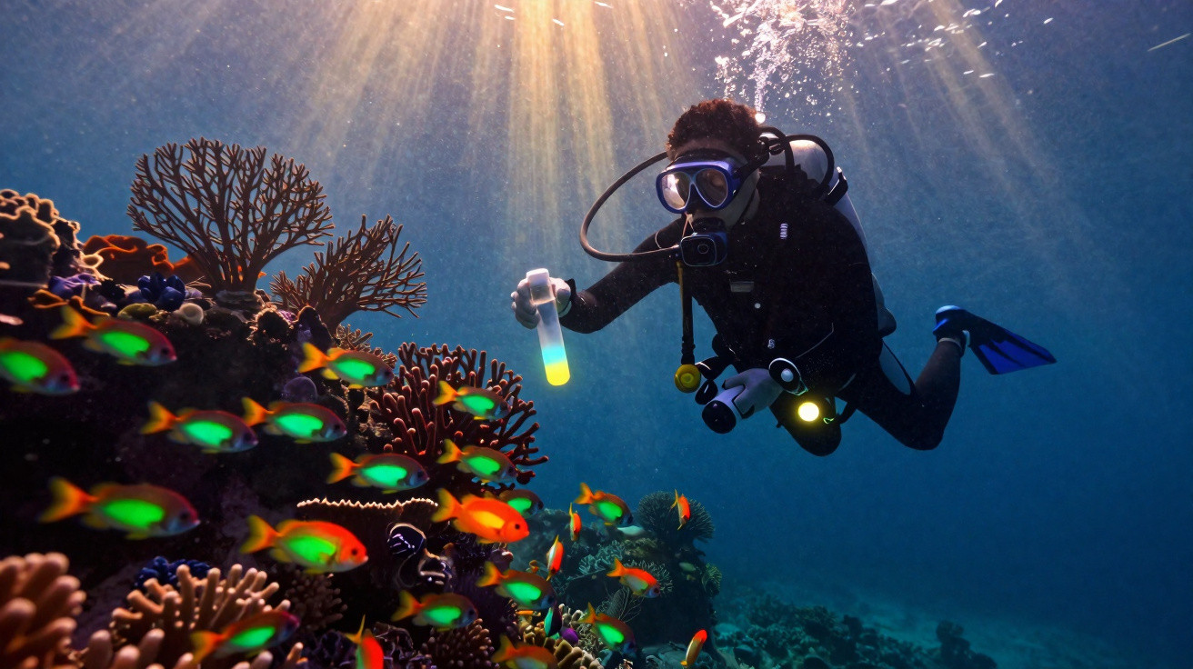 Scuba diver underwater holding a glowing vial near colourful coral and tropical fish in sunlight.