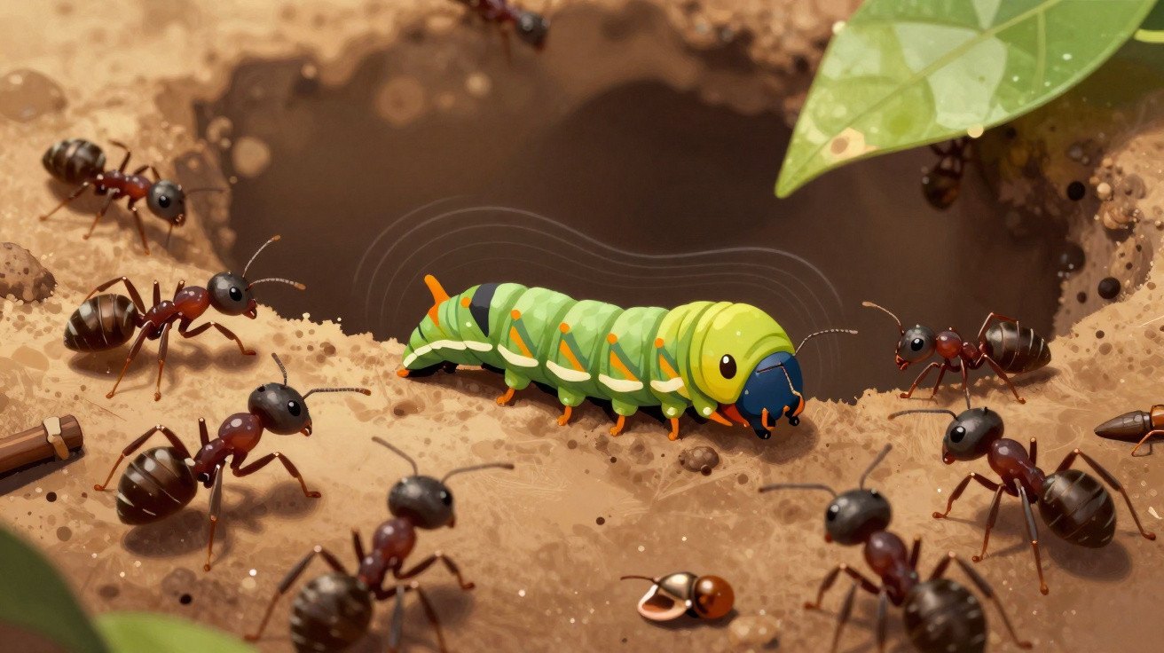 Green caterpillar surrounded by red ants on soil near a leaf.