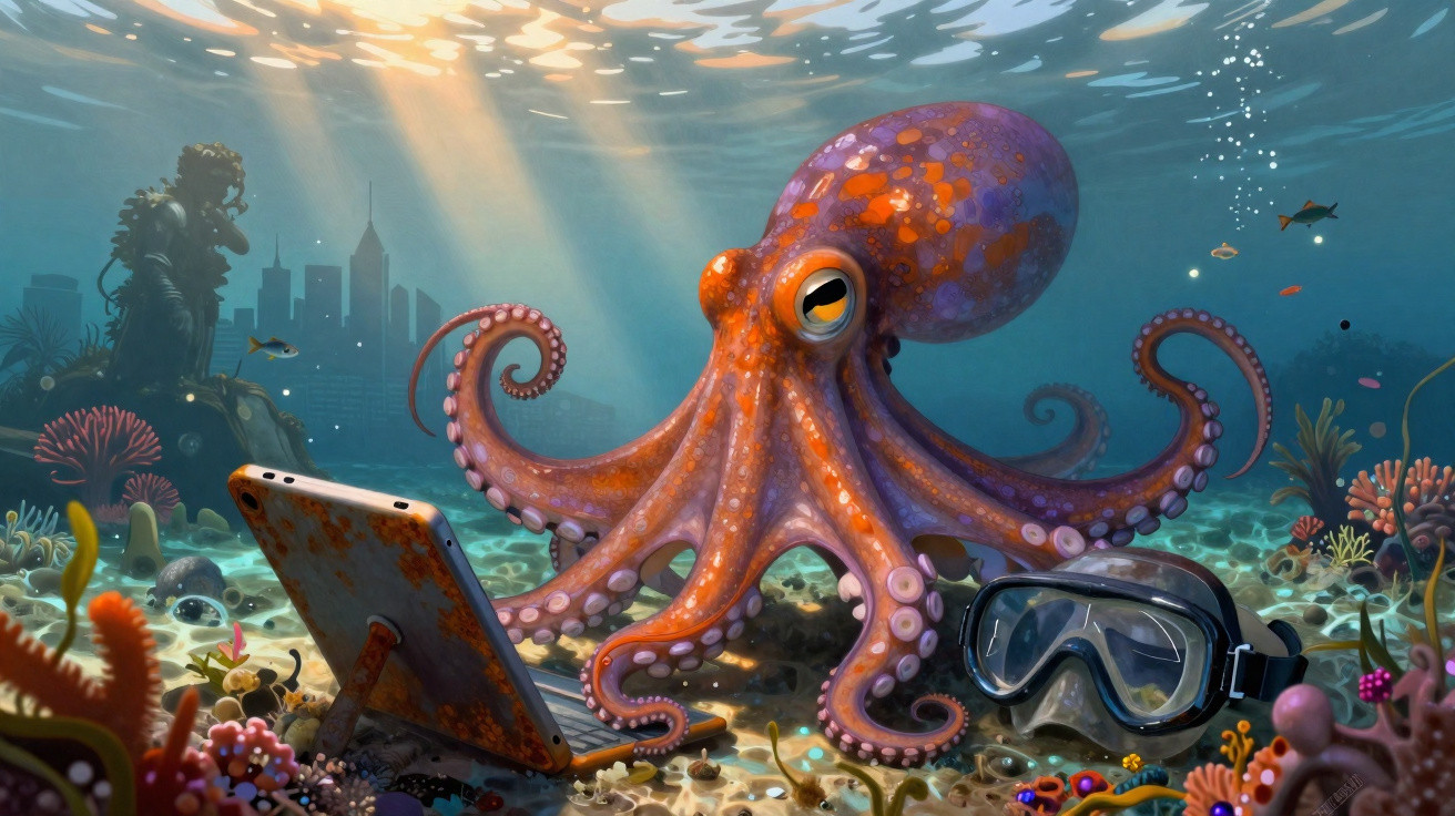 Colourful octopus interacting with a tablet and diving mask on the ocean floor near coral and underwater ruins.