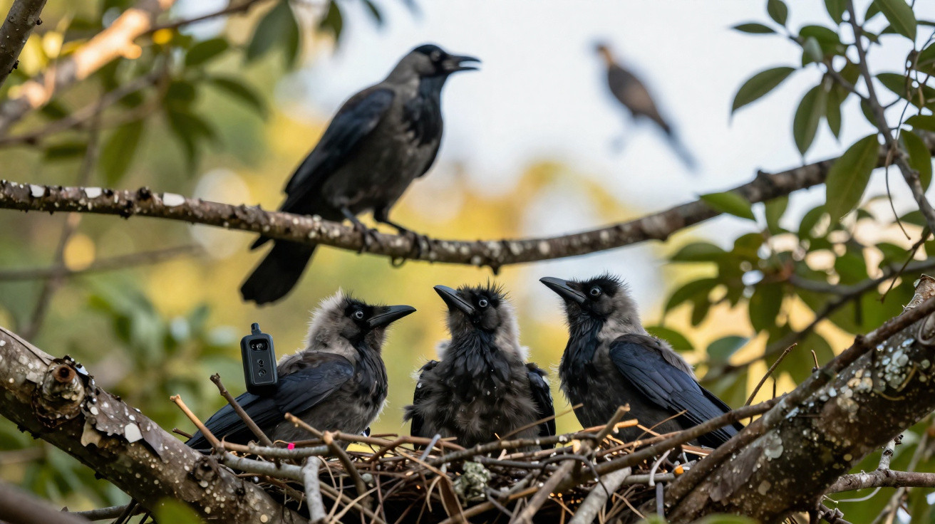 Three juvenile crows in a nest and one adult crow perched on a nearby branch in a tree.