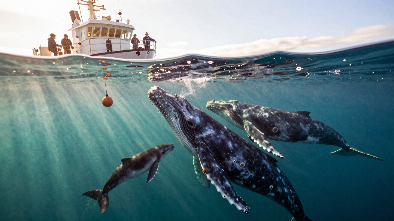 Three humpback whales swimming near the surface below a boat with people observing above.