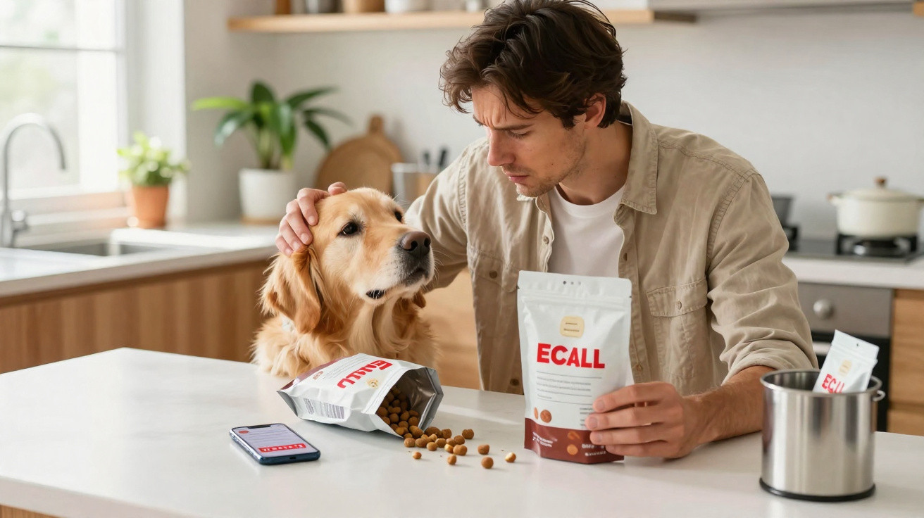 Man petting a golden retriever while holding a bag of ECALL dog treats in a modern kitchen.