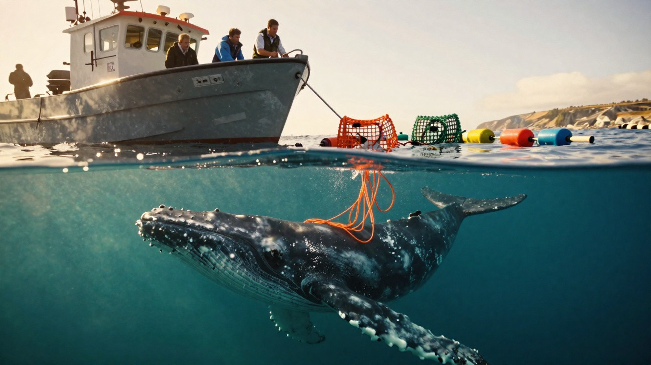 Humpback whale underwater near a boat with researchers and colourful buoys on the surface.