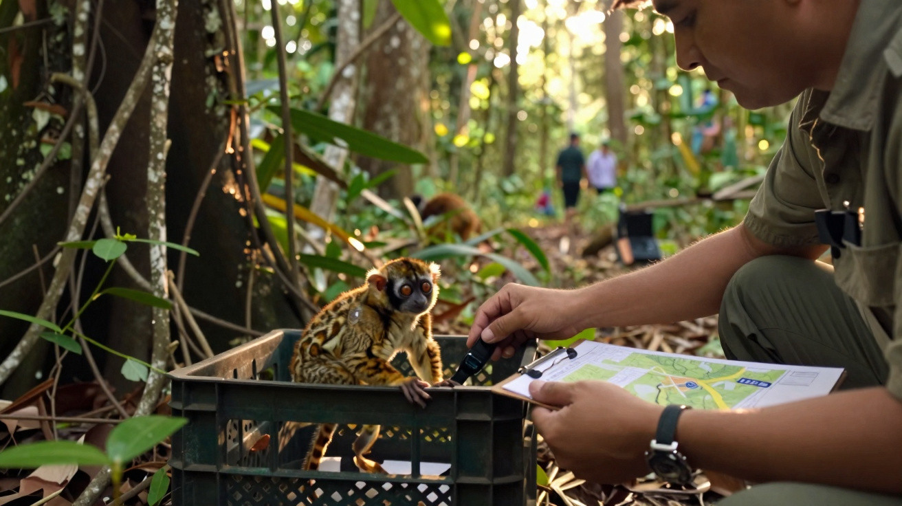 A researcher examines a small brown and yellow primate inside a plastic crate in a dense forest.