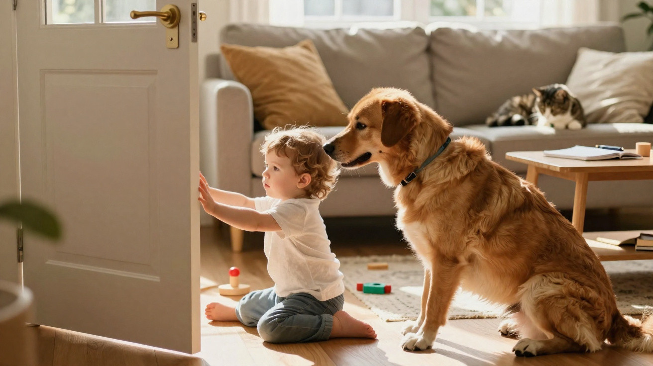 Toddler sitting on the floor opening a door with a golden retriever sitting beside and a cat resting on the sofa.