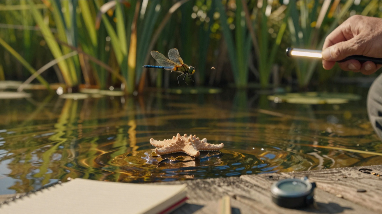 Dragonfly flying above a starfish in a pond near a dock with a notebook and hand holding a small light.
