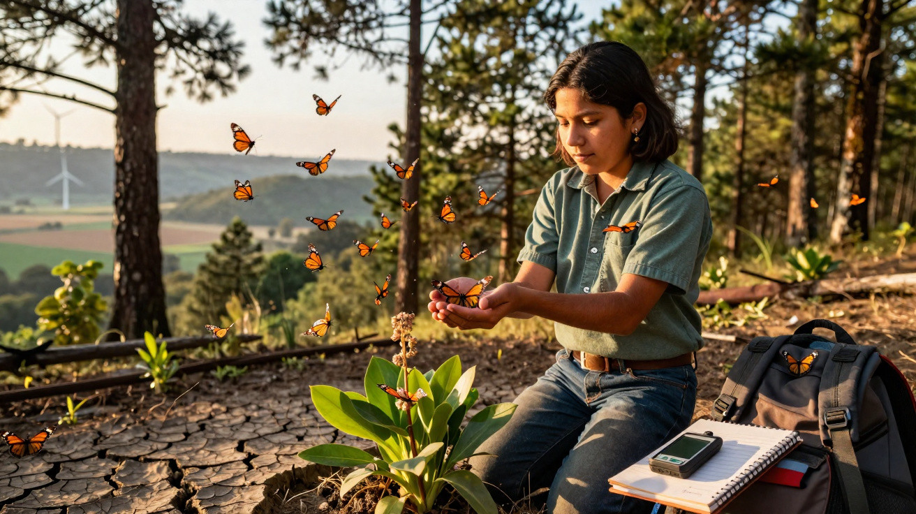 Young woman releasing monarch butterflies in a forested area with notepad and backpack nearby.