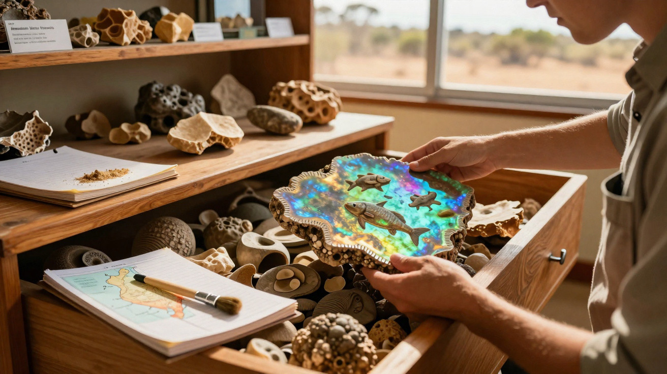 Person examining a colourful fossil replica of ancient fish among other fossil models in a well-lit room.
