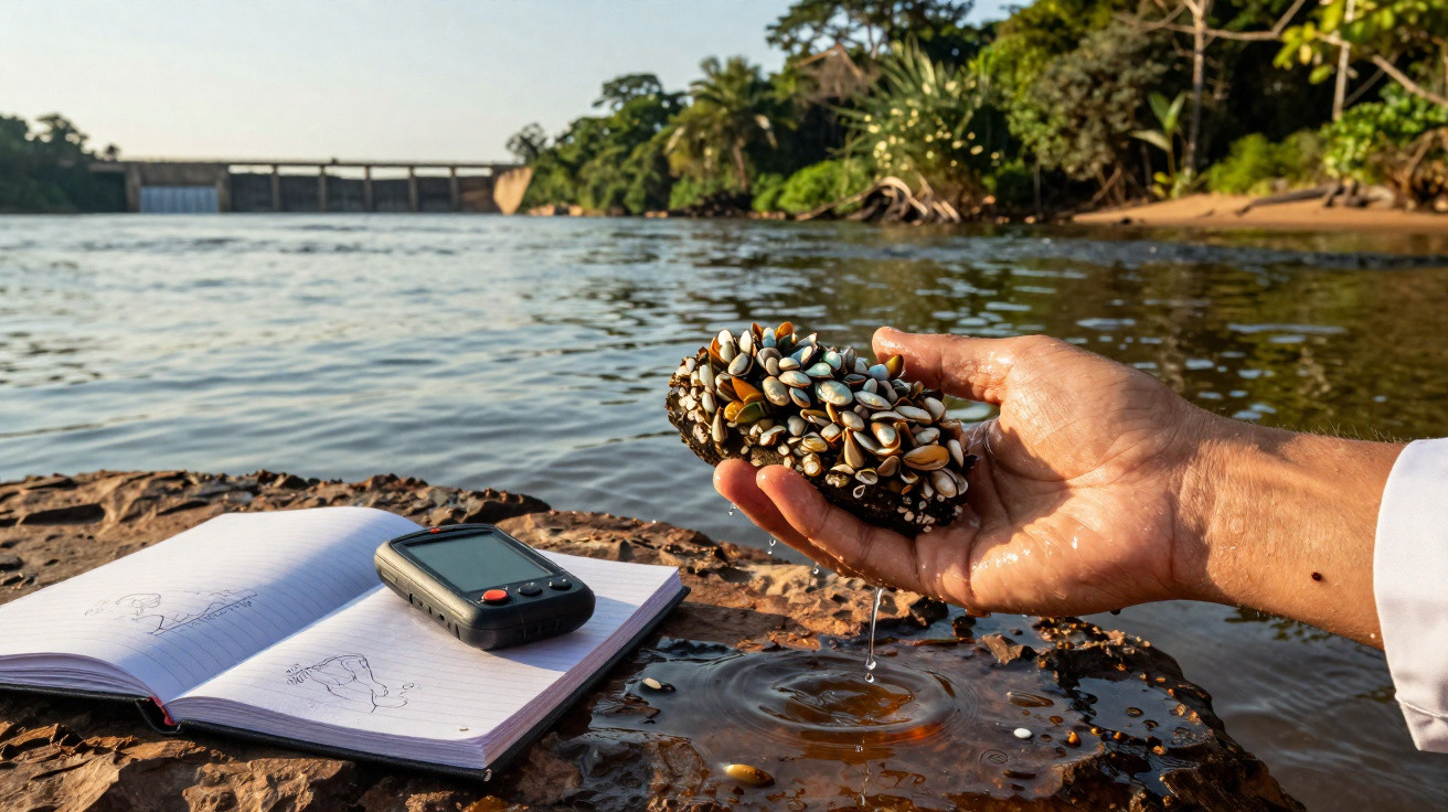 Hand holding freshwater mussels dripping water by river with open notebook and device on rock, dam and trees in background.