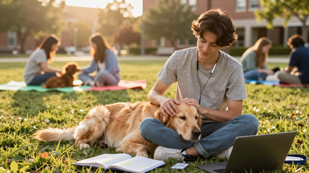 Young man sitting on grass petting a golden retriever with a laptop and open book during sunset on campus.