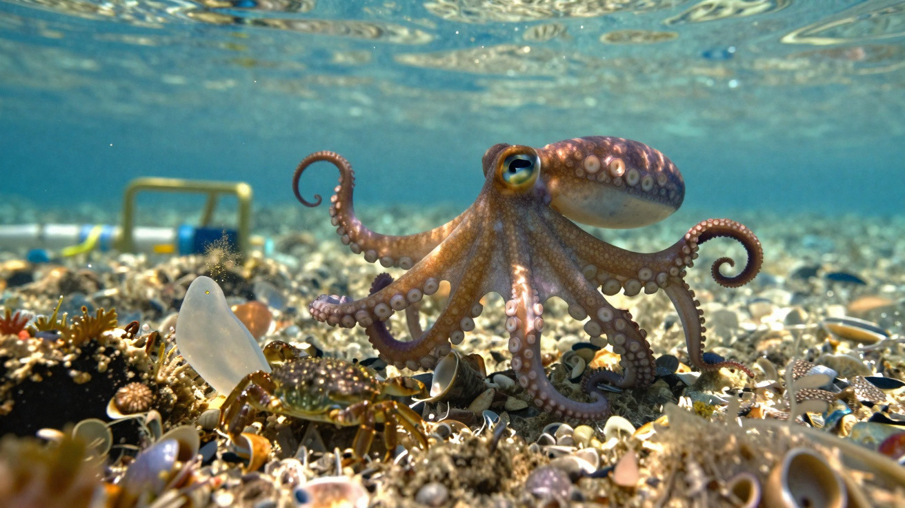 Small octopus with curled tentacles on a seabed covered in shells and a small crab nearby