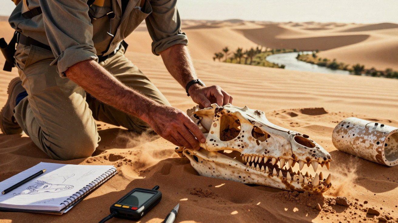 A person examines a large animal skull on desert sand near an illustrated notebook and a river in the background.