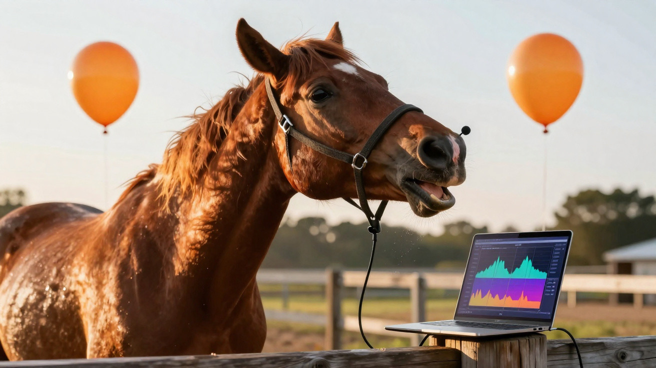 Brown horse wearing a headset near a laptop showing colourful graphs with orange balloons in the background.