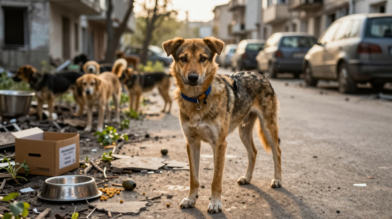 Stray dogs standing and sitting on a littered street with parked cars in a residential area at sunset.