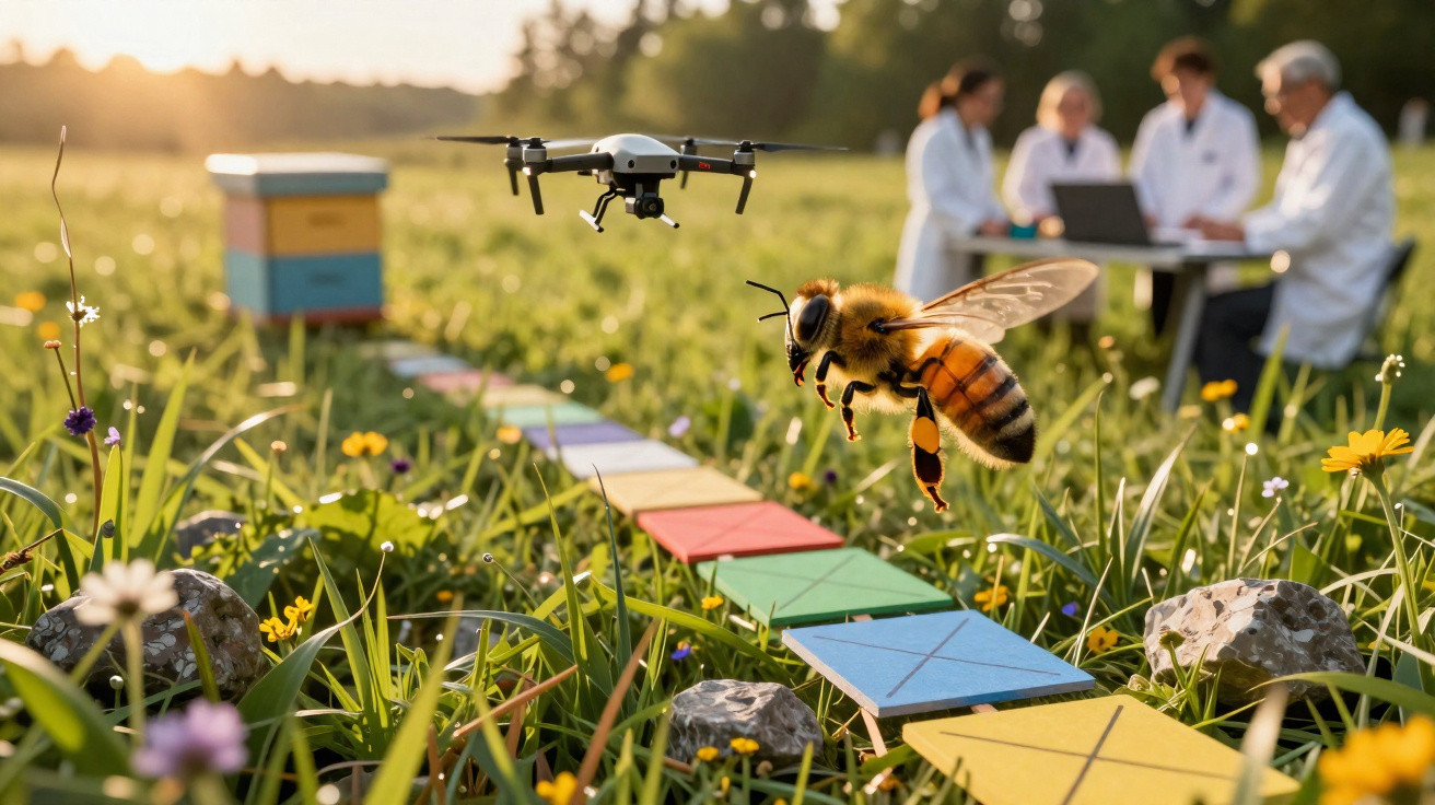 Drone flying near a bee over colourful flower beds in a field with scientists in lab coats in the background.