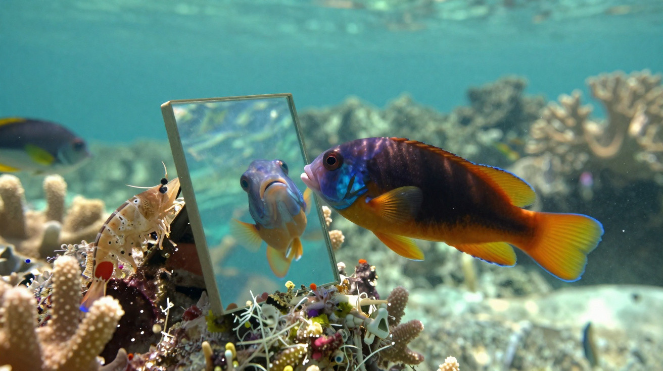 A colourful fish and a shrimp facing a small mirror on a coral reef underwater.