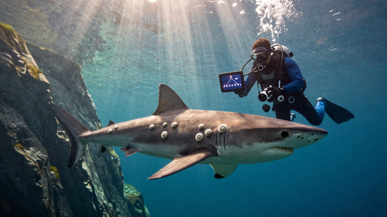 Scuba diver underwater holding a tablet near a large shark covered with marine organisms, sun rays above.
