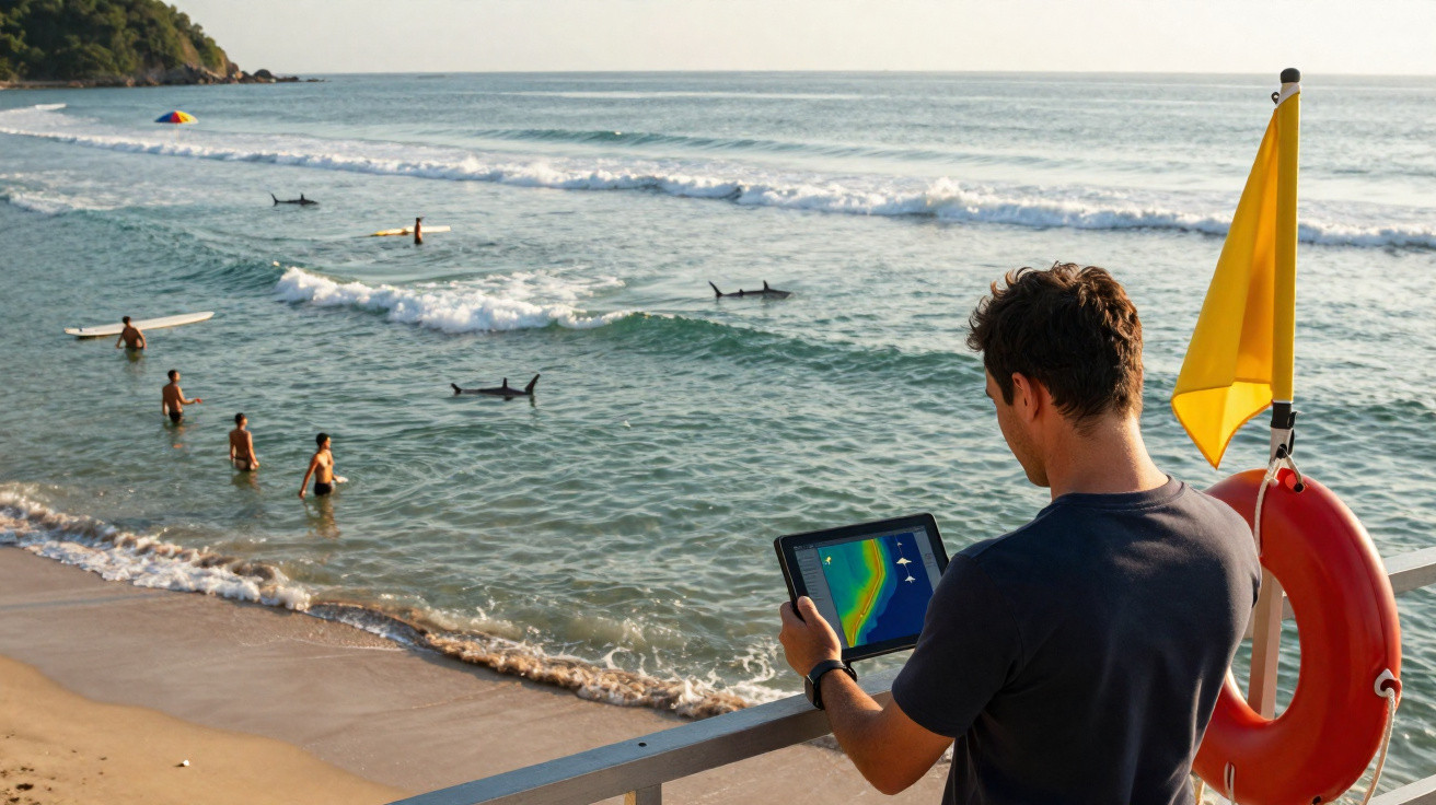Man on beach railing using tablet to monitor sharks swimming near surfers in the sea under a yellow warning flag.