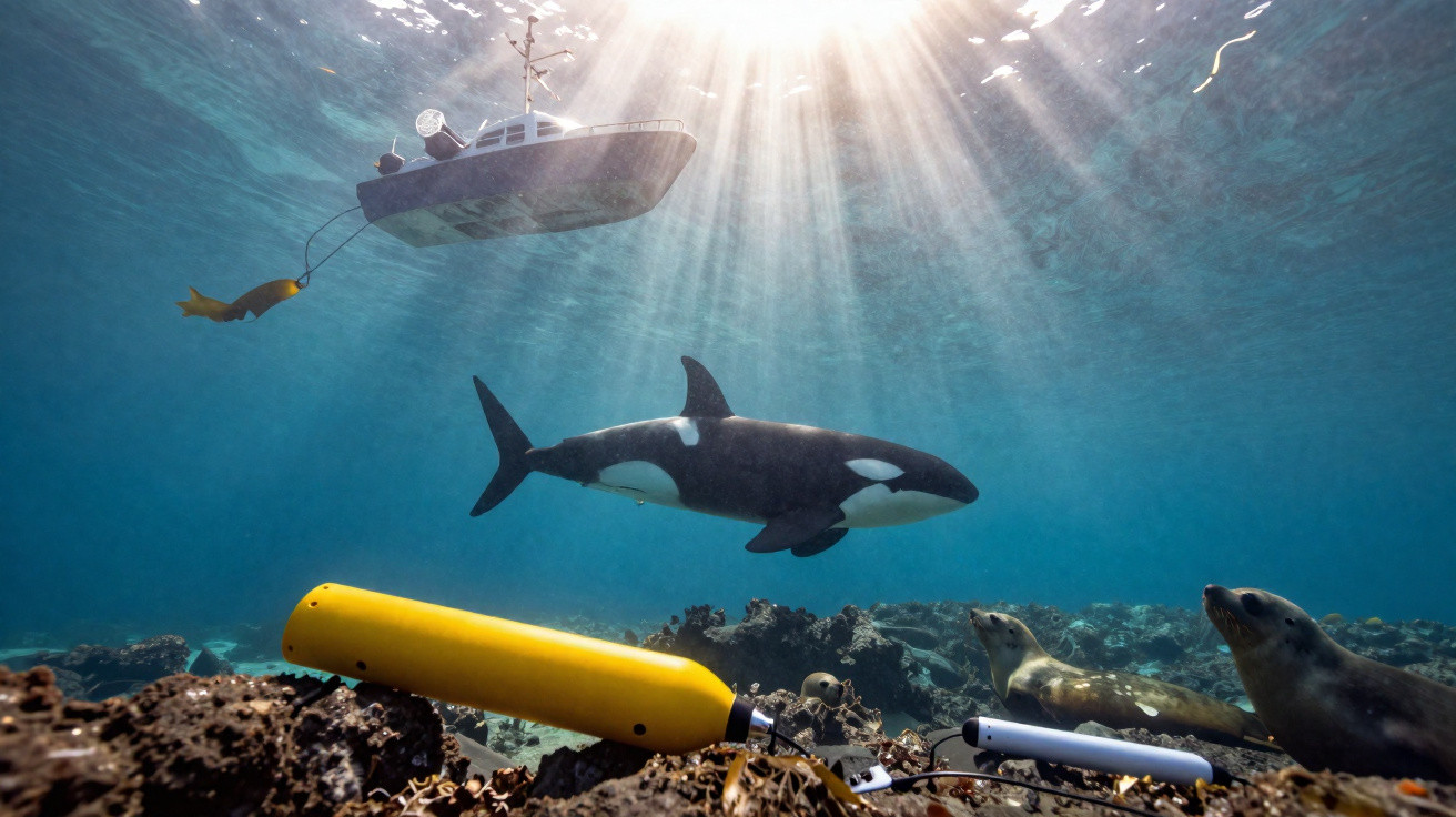 Underwater scene with an orca, sea lions, a yellow research buoy, and a boat floating above.