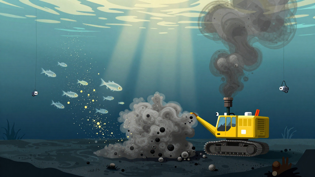 Underwater scene with yellow excavator releasing black smoke and disturbing fish and sediment on the seabed.