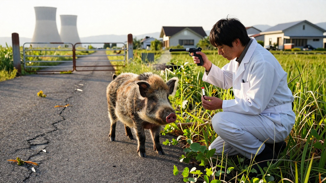 Scientist in white coat crouching with a pig on a rural road near houses and cooling towers.