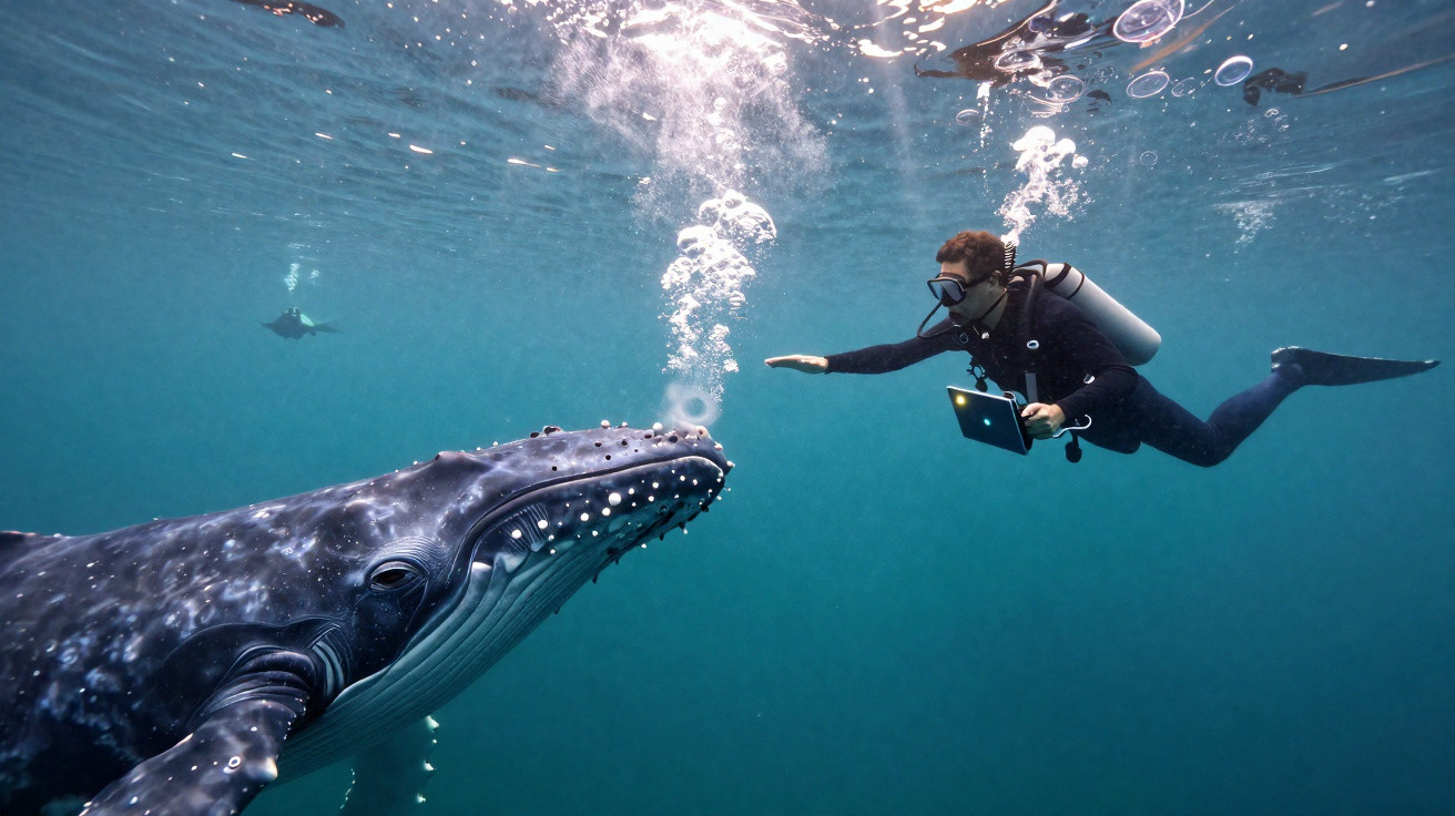 Diver reaching out to a close-up humpback whale underwater with light filtering through the water surface.