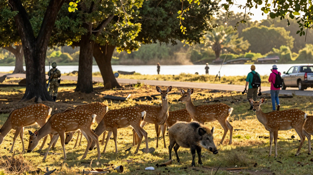 Group of spotted deer and a wild boar grazing near a road with people and trees in the background at sunset.