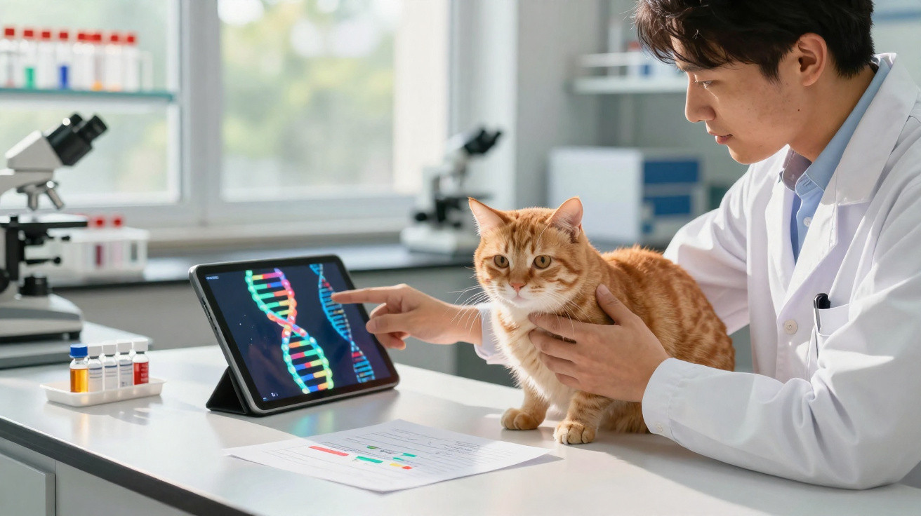 Veterinarian in lab coat holding a ginger cat while pointing at DNA helix on tablet in laboratory.